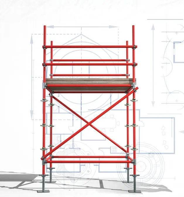 Scaffold design drawing with a red scaffold tower over technical plans